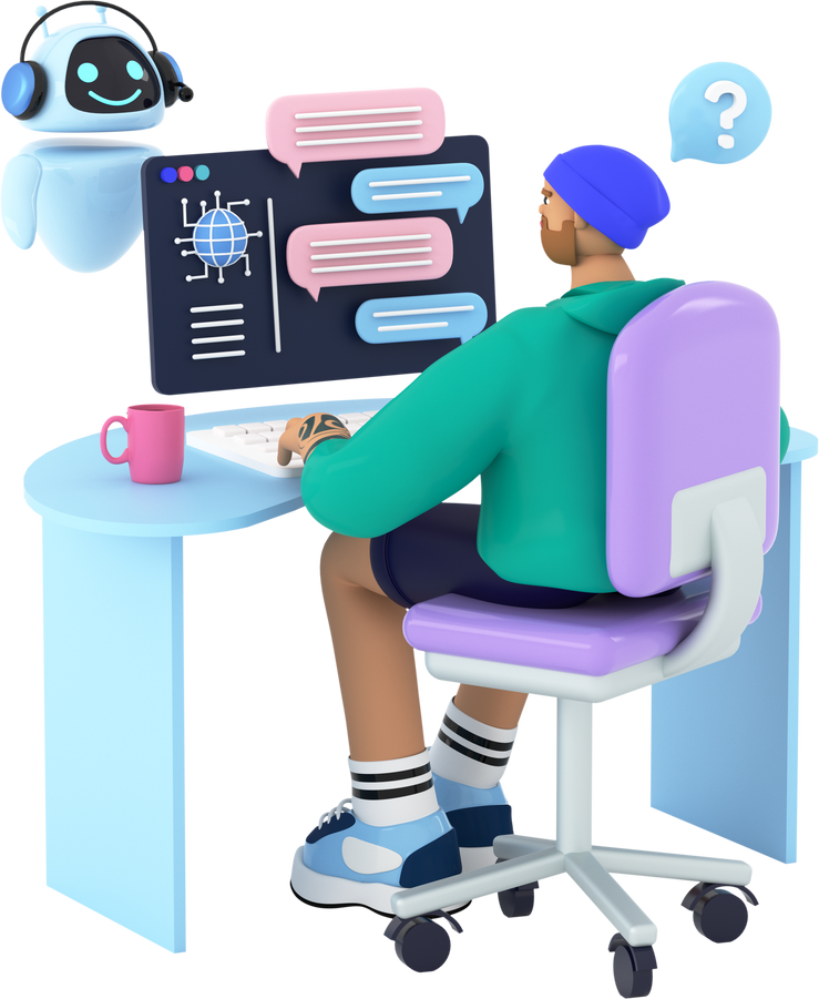 Man asking and robot answering in chatbot application. Dialog between artificial intelligence assistant and user in online service. Using AI and neural network concept. 3d render image.