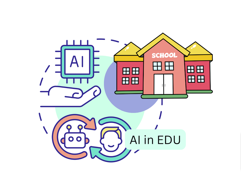 A blue circle and hand holding an AI circuit board, a school house and  a cartoon robot head and a generic head with yellow hair AI educator resources.